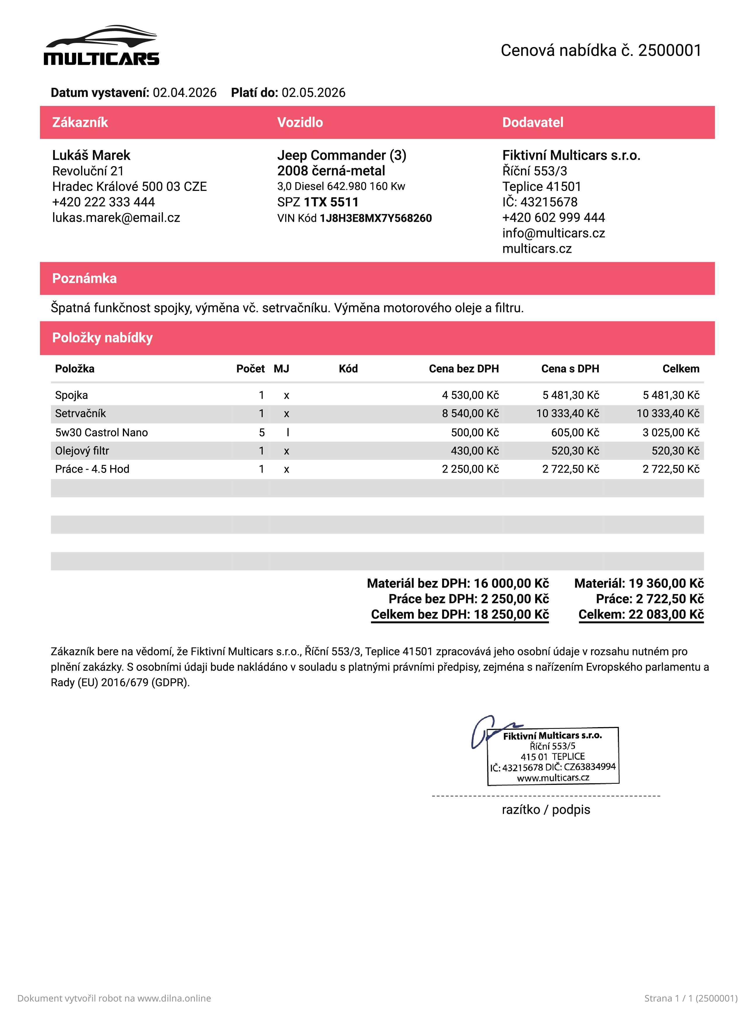 Cenová nabídka danger