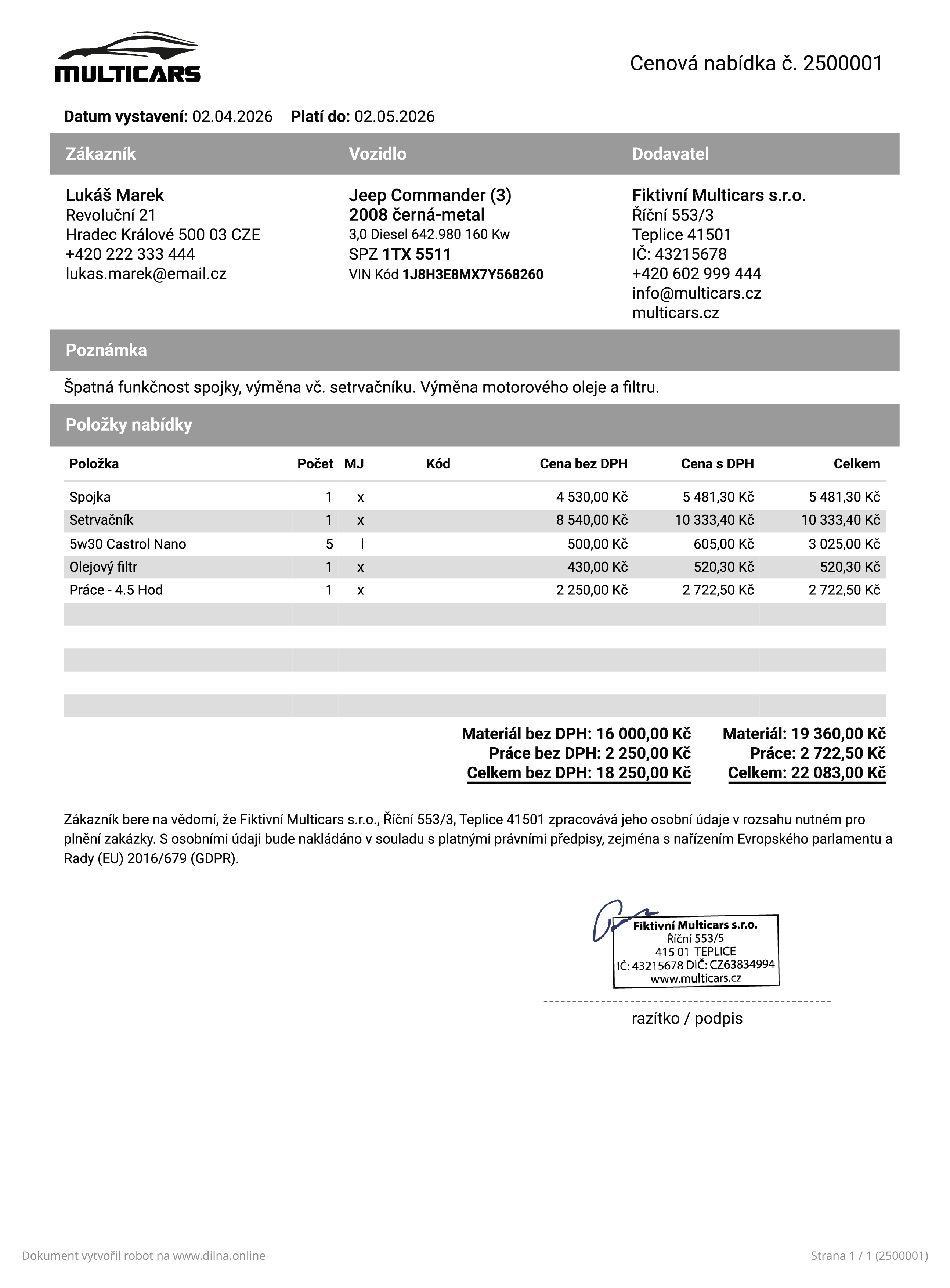 Cenová nabídka secondary
