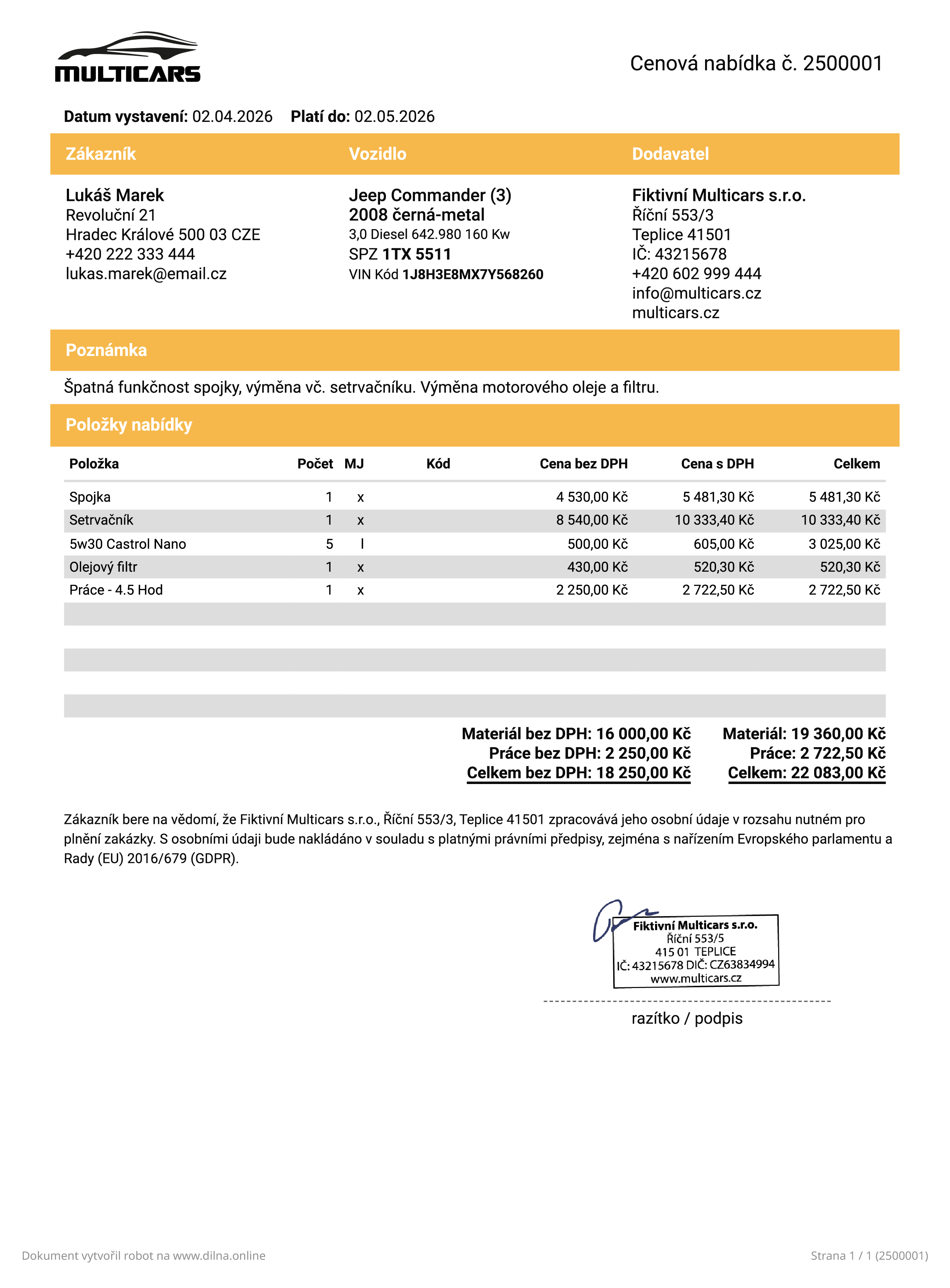 Cenová nabídka warning