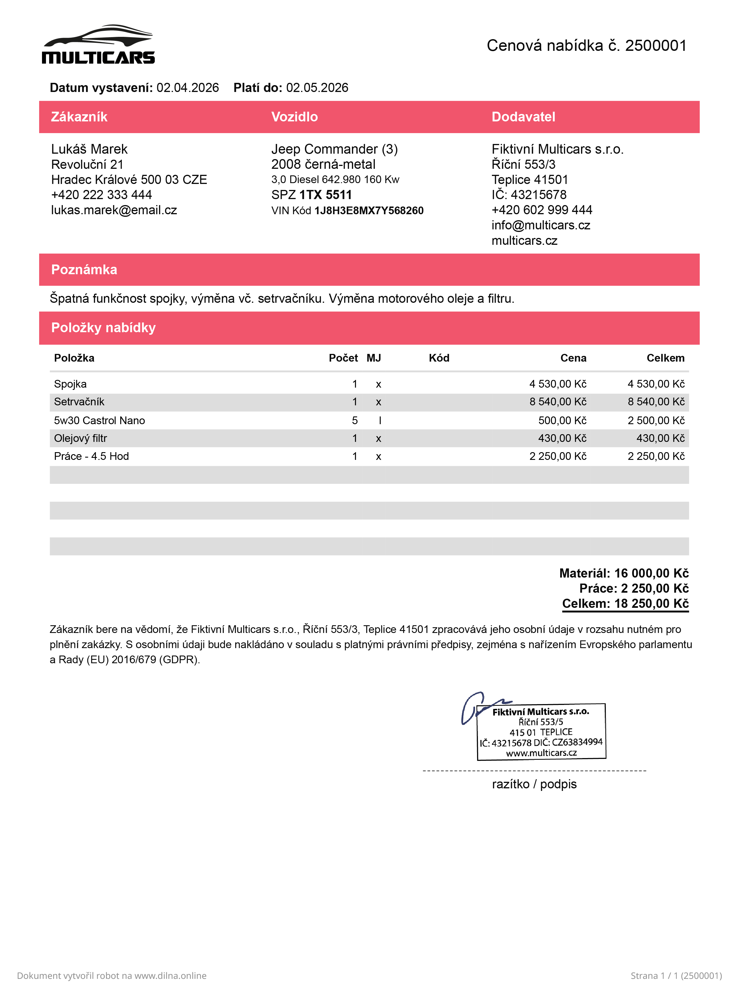 Cenová nabídka danger