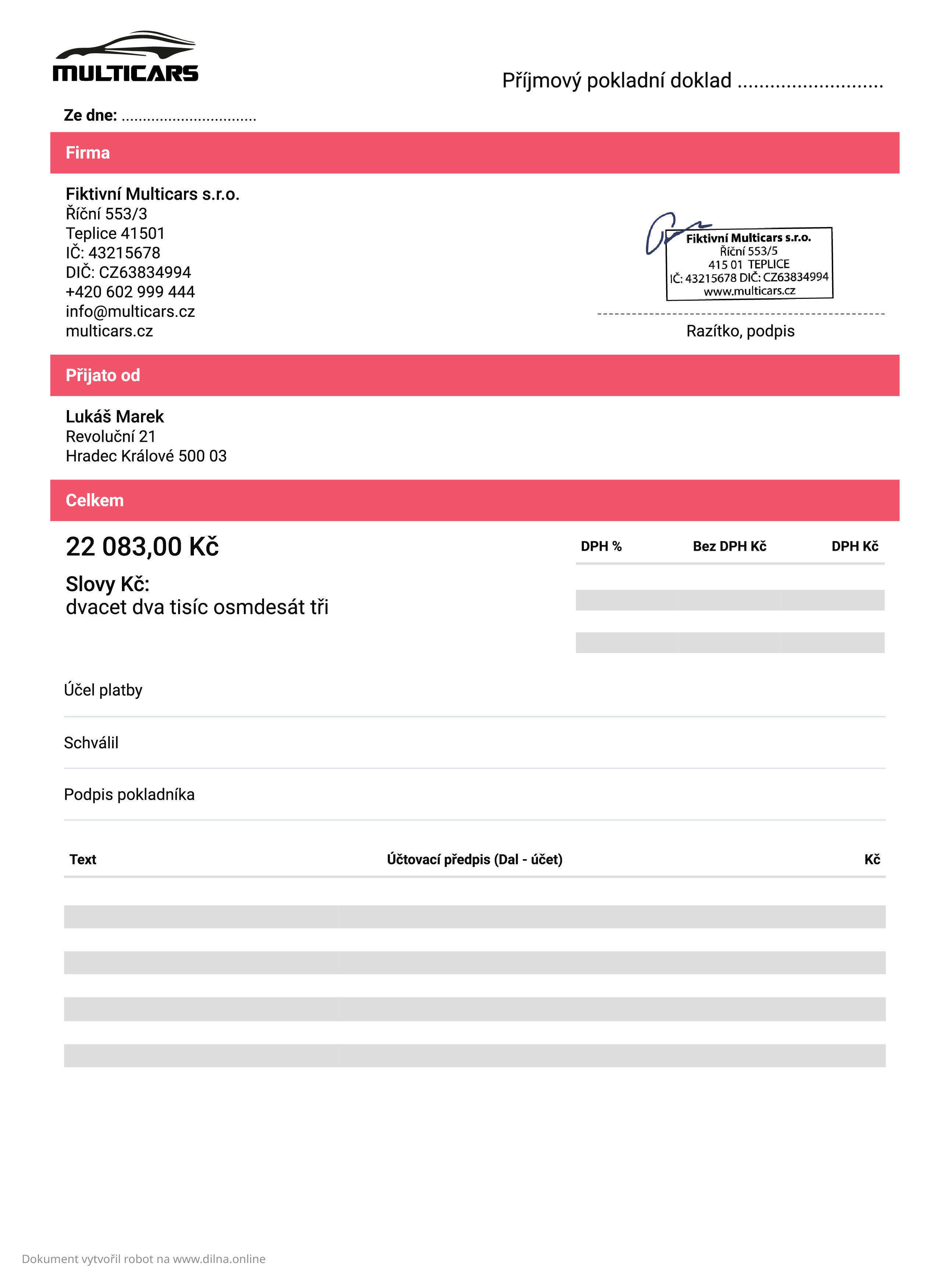 Příjmový pokladní doklad danger